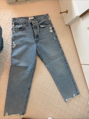 Agolde Light Blue Distressed High-Rise Straight Jeans